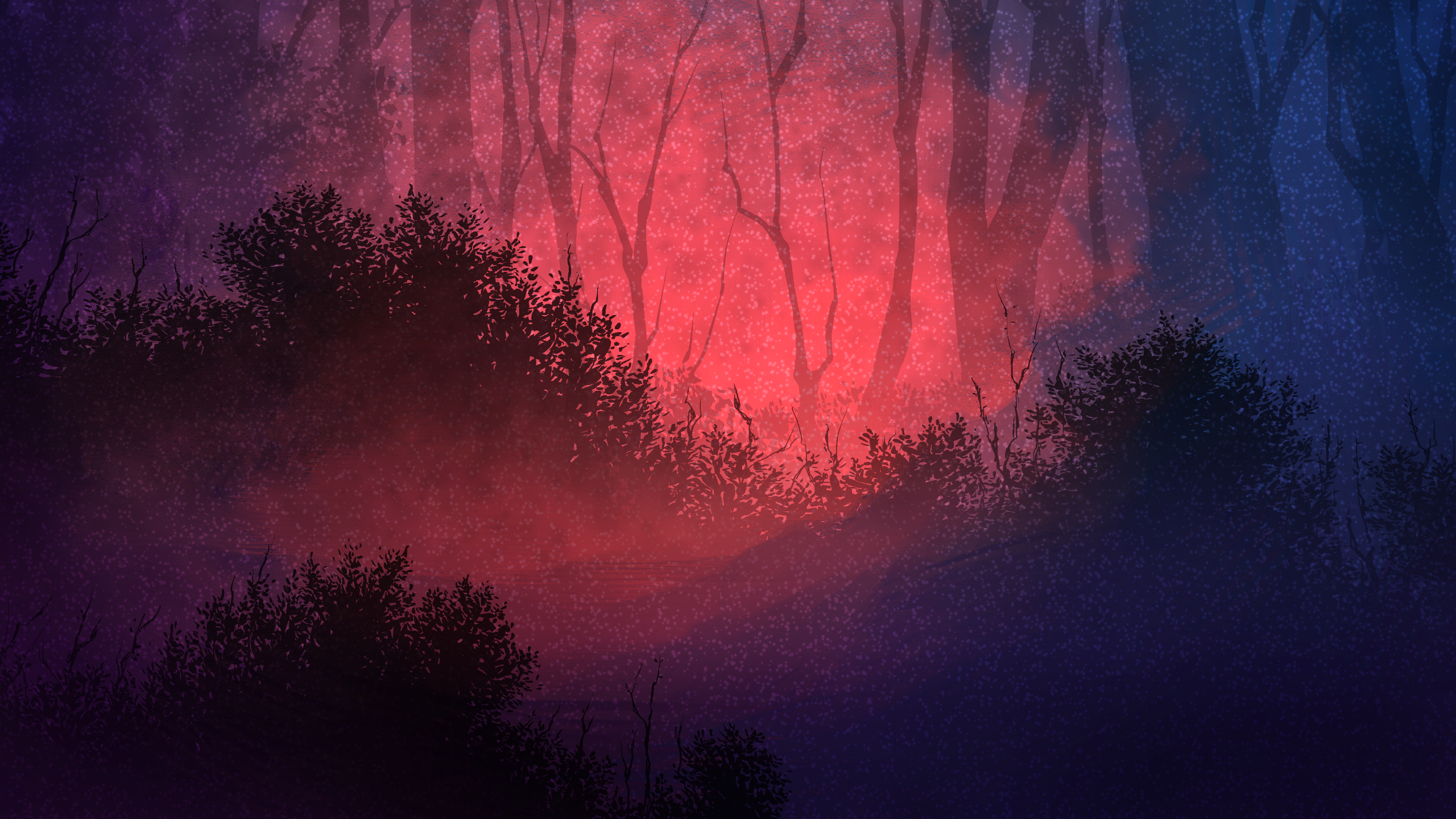 Pink and purple, misty, fantastic, graphical forest scene. 